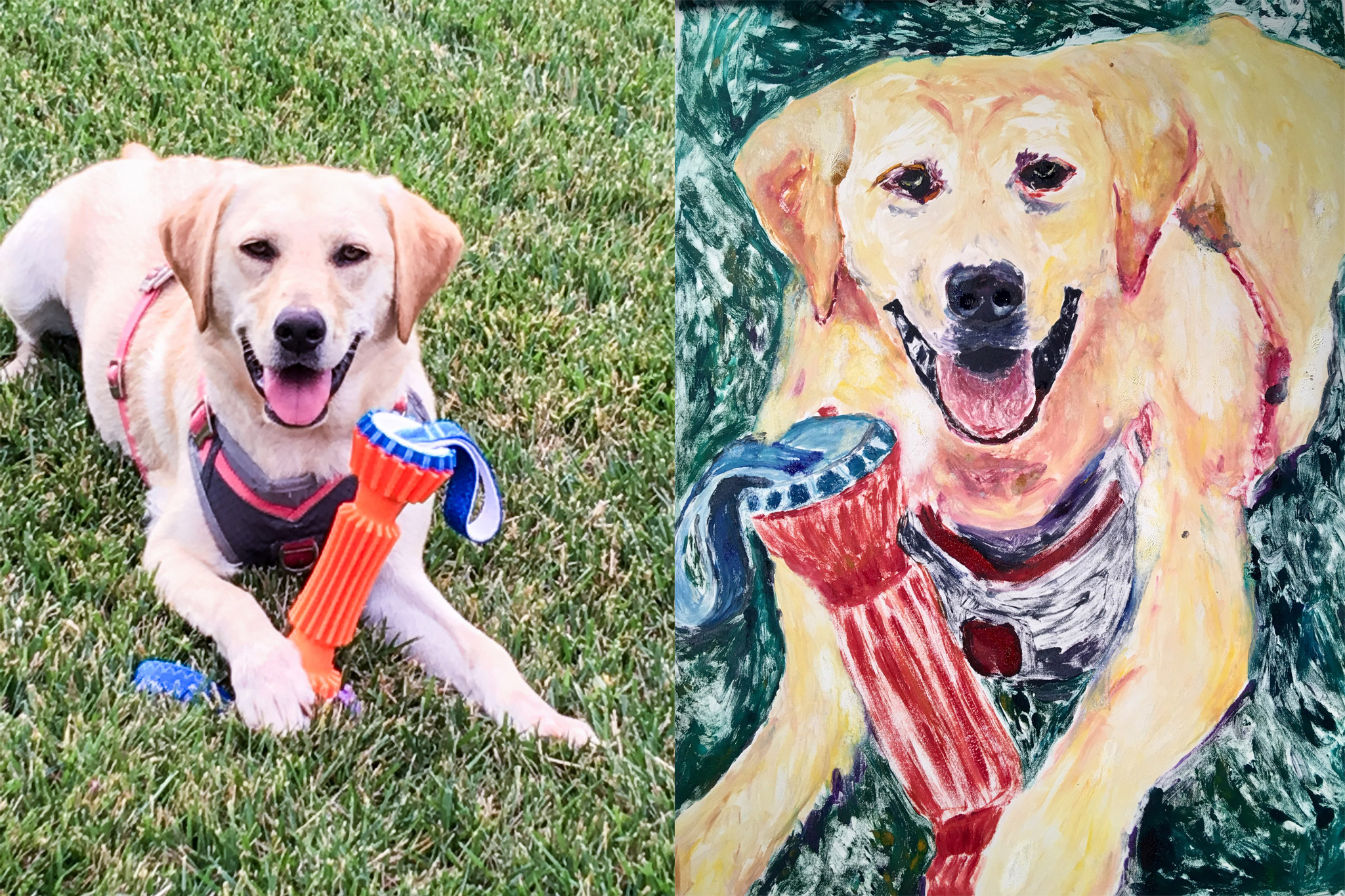 Bailey the dog next to his portrait